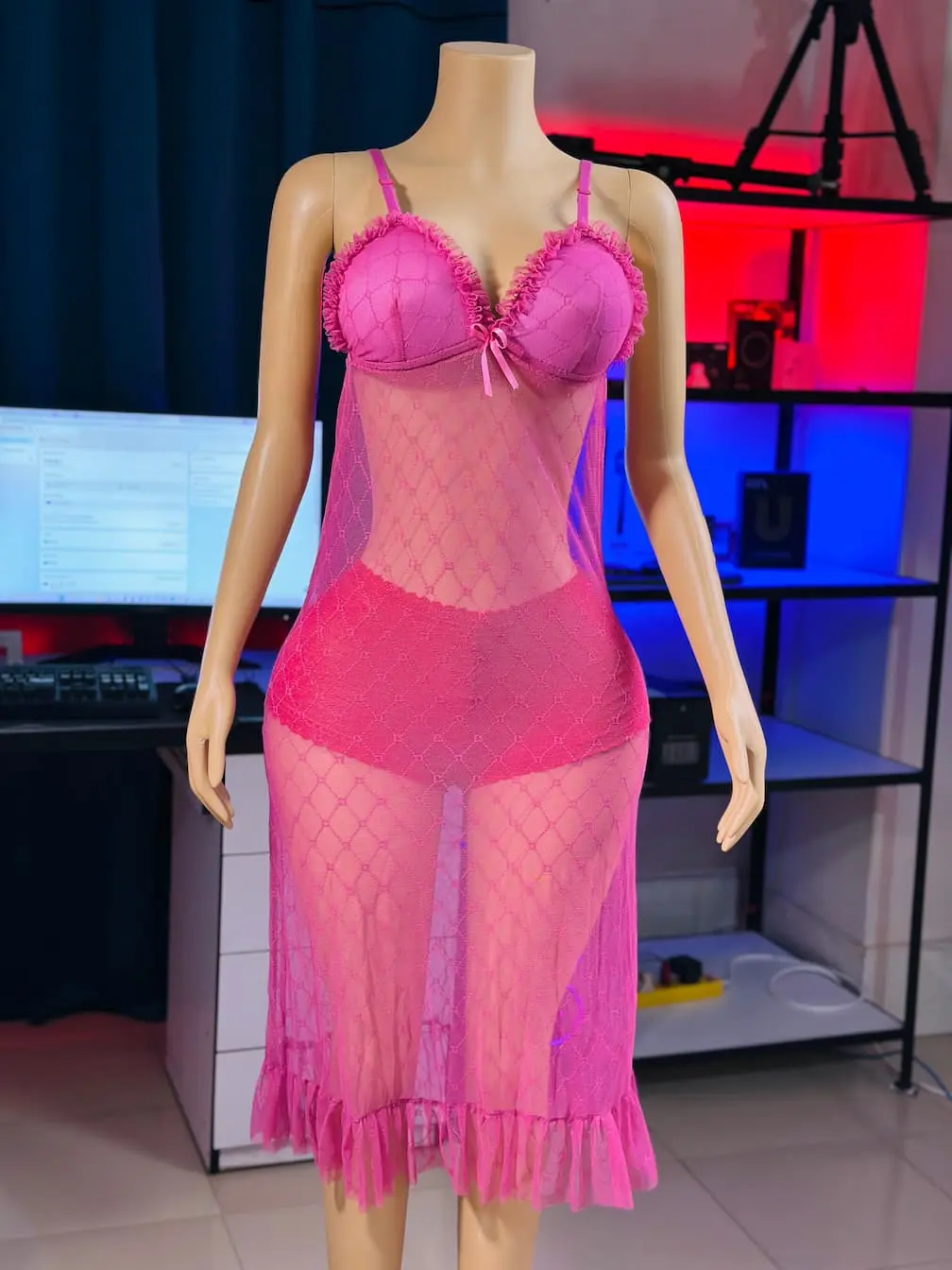 IMG_8443.JPG Net Self Design Ladies Light Onion Color Night Dress - Image 1